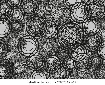 Fondo floral gris-negro para textiles o texturas. Fondo monocromo para impresiones, tendencias de moda o interiores, azulejos, carteles, conceptos de negocio o reserva de recortes, etc. Círculos ornamentales vectores