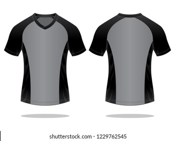 Gray-Black Raglan Soccer Jersey Shirt Design On White Background.Front And Back View, Vector File.