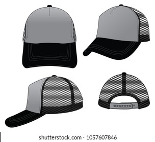 Gray-black trucker cap with mesh at the side and back panels, adjustable with snap-back strap closure design on a white background, vector file.