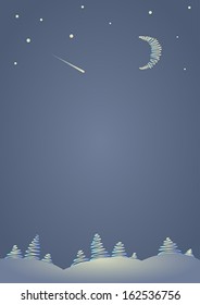 Gray-blue background for congratulatory text with image of stylized winter landscape with fir trees, crescent and stars