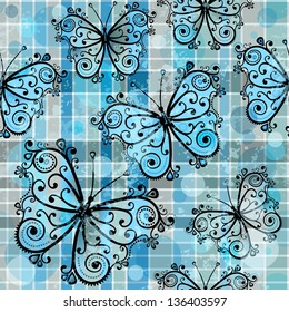 Gray-blue checkered pattern with blue butterflies and translucent balls in style grunge (vector eps10)