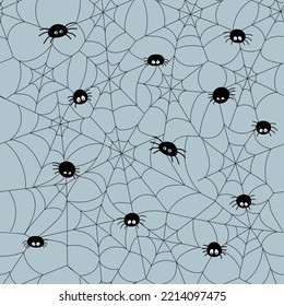 Gray-blue seamless background with cute spider webs. Vector template for wallpaper, wrapping paper, fabric, textile for Halloween, October 31