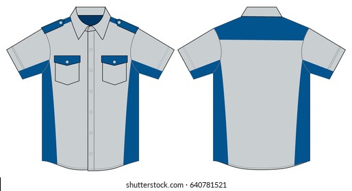 Gray-Blue Short Sleeve Technician Shirt Design on White Background. Front and Back Views, Vector File.