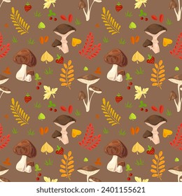 gray-brown seamless hand-drawn pattern with a variety of mushrooms