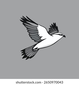 Gray-Dominant Stylized Bird Vector – Elegant Hawk in Flight with White and Black Accents