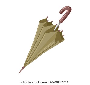 Gris-verde Bastón de paraguas plegado aislado en blanco. Accesorio de protección contra la lluvia con asa. Ilustración vectorial plana de dibujos animados.