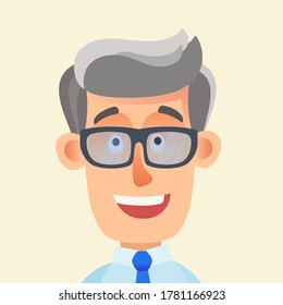 A gray-haired aged man with glasses for vision correction, portrait. Glasses for correcting myopia, hyperopia. Healthy eyes. Vector illustration, flat design, cartoon style, isolated.