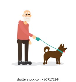 Gray-haired, bearded Elderly gentleman, old man walking with dog.  Vector character.
