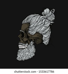 Gray-haired bearded skulll with hair wrapped in a bun. Stylish men's hairstyle and beard, profile view. Picture for halloween, barbershop and clothes.