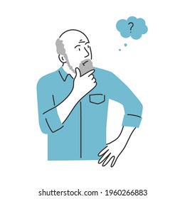 Gray-haired elderly man with beard holding his chin and thinks. Flat vector illustration. Isolated design on a white background.