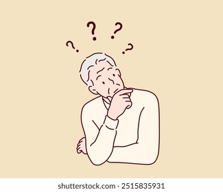 Gray-haired elderly man with beard holding his chin and thinks. Hand drawn style vector design illustrations.