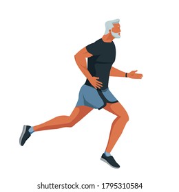 A gray-haired elderly man in excellent physical condition is jogging. A senior in sportswear is on the run. Vector flat design isolated illustration.