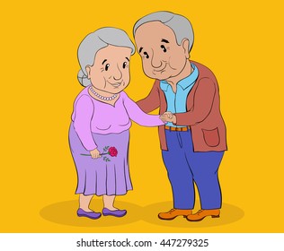 gray-haired elderly woman and a middle-aged man standing and holding hands, smiling