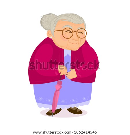 Gray-haired elderly woman walking with umbrella, glasses and sweater