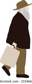 A gray-haired grandfather in a hat goes to the store with a bag