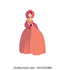 Gray-haired lady in a lush pink dress. Vector illustration on white background.