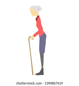 Gray-haired  limping woman (grand mother) with a walking stick. Old age health care theme. Minimalistic colorful flat vector illustration. Profile view. Isolated on white background. 