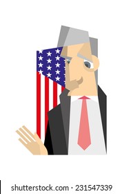 The gray-haired man in a black jacket and shirt standing against the background of the American flag