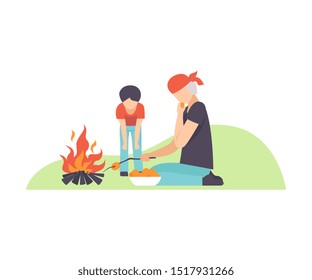 Gray-haired man with a boy fry potatoes at the stake. Vector illustration.