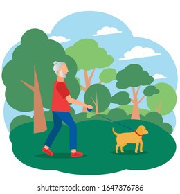 A gray-haired man with a hipster hairstyle walks a dog in a Park. Outdoor activities, leisure on nature, pet care.  Cute pensioner strolls/ Vector illustration.