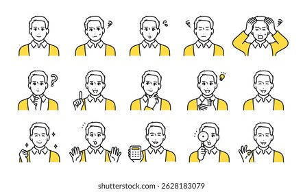 Gray-haired middle-aged man facial expression icon set