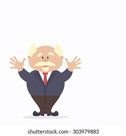 gray-haired old man in a business suit asks to stop holding hands forward