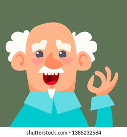 A gray-haired old man makes a hand sign that everything is fine and ok. Doctor with a smile or an elderly professor. Vector illustration in cartoon style.