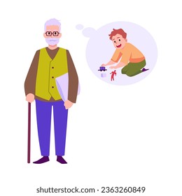 Gray-haired old stylish man remembers being child flat style, vector illustration isolated on white background. Decorative design element, life and growing up, childhood and old age