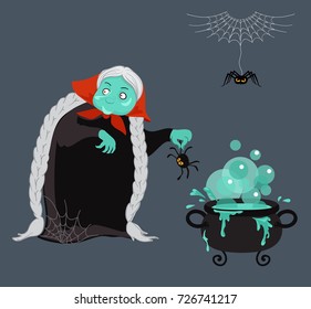 Gray-haired old witch in black dress and cloak . Evil cartoon witch. Vector illustration.