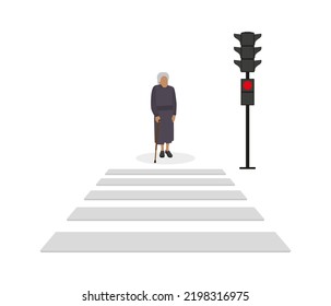 A gray-haired old woman with a cane stands in front of a pedestrian crossing at a red traffic light on a white background