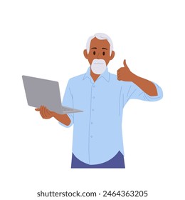 Gray-haired senior businessman cartoon character gesturing thumbsup holding computer laptop