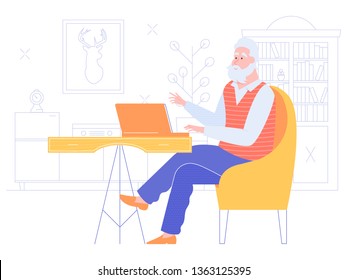Gray-haired senior man at home working with a laptop. Internet surfing, online education, remote work. Active life in old age. Bright vector character on the background of the room.