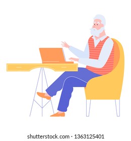 Gray-haired senior man at home working with a laptop. Internet surfing, online education, remote work. Active life in old age. Vector illustration.