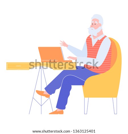 Gray-haired senior man at home working with a laptop. Internet surfing, online education, remote work. Active life in old age. Vector illustration.