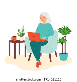 Gray-haired senior woman sitting with laptop in armchair in home. Concept of using a computer by the elderly in retirement. Employee work remotely, freelance, teaching. Vector illustration