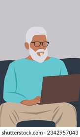 Gray-haired stylish man sitting at a laptop. Can be used as online learning or leisure watching movies or remote work