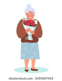 A gray-haired woman lived with a bouquet of roses in her hands. The old lady is happy after receiving the flower. Vector graphics.