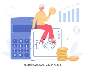 Gray-haired woman is sitting on a safe, holding a coin in her hand. Concept pension deductions, savings, wealthy retirement.