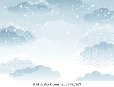 Grayish blue clouds and falling cherry blossom petals, on a Japanese-style background, vector illustration. Horizontal.