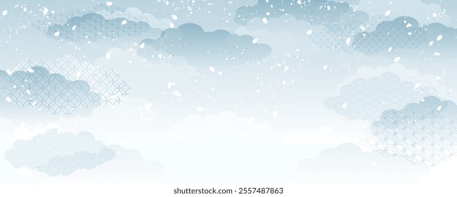 Grayish blue clouds and falling cherry blossom petals, on a Japanese-style background, vector illustration. Horizontal.
