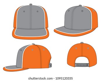 Gray-Orange Hip hop Cap With White Piping Line and Adjustable Snap Back Closure Strap Design on White Background.