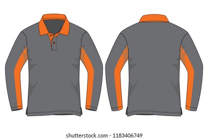 Gray-Orange Long Sleeve Polo Shirt Design on White Background.Front and Back View, Vector File