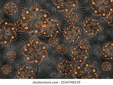Gray-orange textural background with ornamental bright motifs for holidays or events. Decorative backdrop for fashion, business concepts, covers, interiors, tiles, dynamic posters, prints, cards, etc.