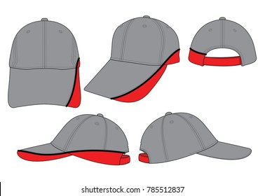 Gray-red baseball cap with black piping lines, adjustable hook-loop strap fastener design on white background, vector file.