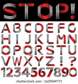 Gray-red font in the form of a two-lane highway. Letters from the bending passages of the road. Vector illustration