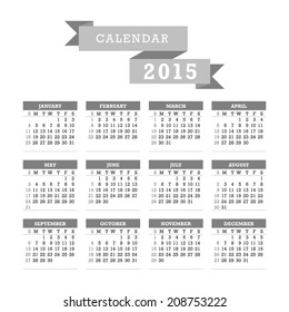 Grayscale 2015 Calendar. Week starts with sunday. Vector graphic template.