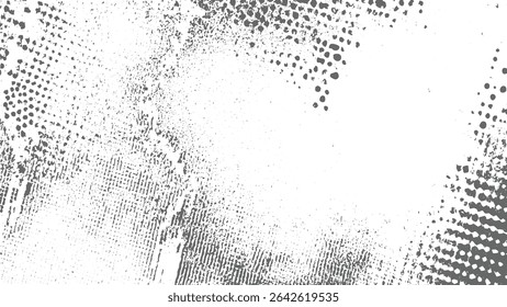 Grayscale abstract background with a central white area surrounded by dense gray dots and lines creating a textured mottled effect. The overall mood is slightly distressed and grunge.