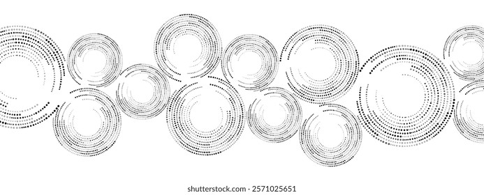 Grayscale abstract background of dots. Texture of random particles. Chaotic ornament, mosaic, circular pattern of small dots. Design banners, posters, websites,social media frameworks. Vector