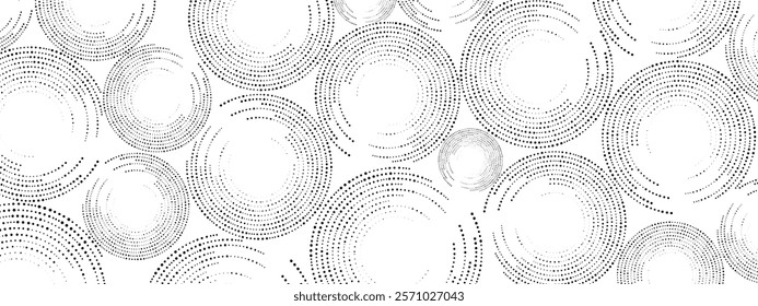 Grayscale abstract background of dots. Texture of random particles. Chaotic ornament, mosaic, circular pattern of small dots. Design banners, posters, websites,social media frameworks. Vector