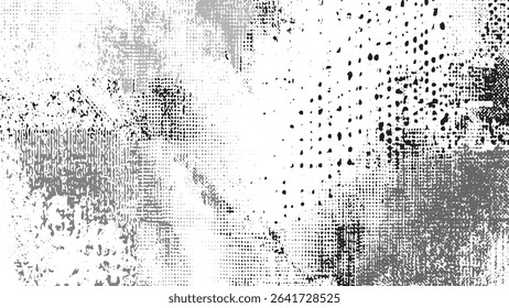 Grayscale abstract background featuring a blend of stippled and hatched patterns creating a textured distressed effect Shades of gray black and white are unevenly distributed